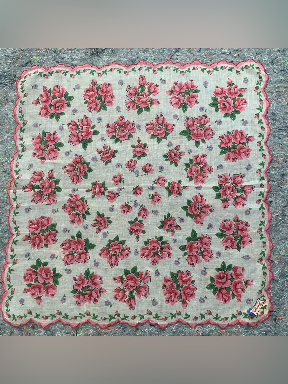 Vintage 50s Burmel Seen In Vogue pink floral scallop edge cotton handkerchief